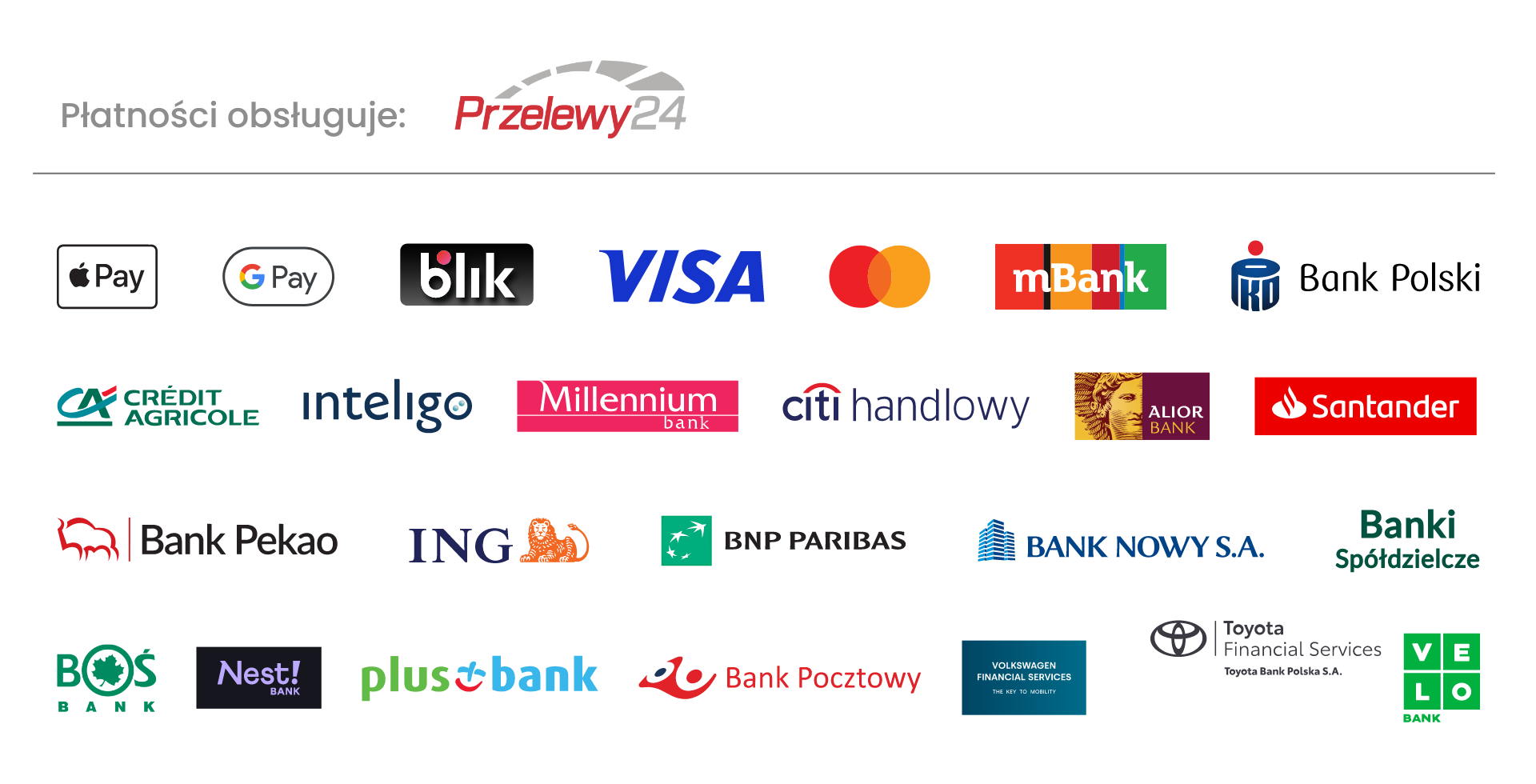 Akceptowane metody płatności — Przelewy24, Apple Pay, Google Pay, BLIK, Visa, Mastercard oraz polskie banki